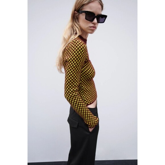 Zara Checkered Cut-Out Jacquard Long Sleeve Pullover Sweater (NWT) - Picture 3 of 8